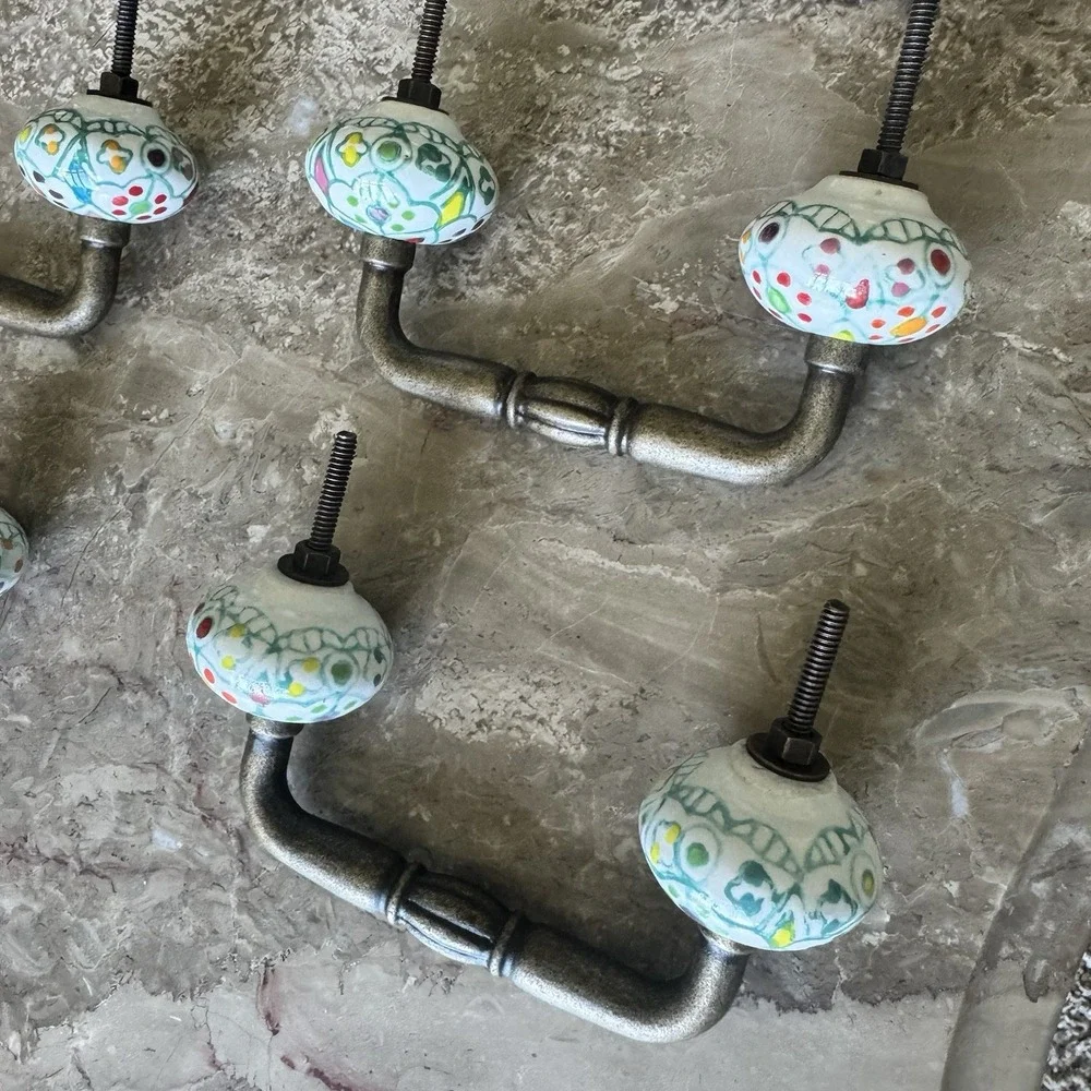 Lot 8 Hand Painted Ceramic & Brass Boho Colorful Cabinet / Drawer /Dresser Pulls